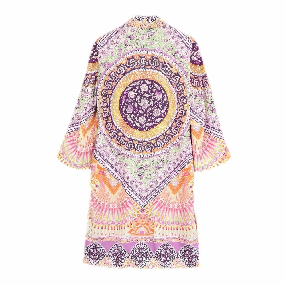 Chico’s Sz 0 Purple Pastel Coastal Tile Floral Satin Boho Chic Duster Cardigan - Picture 7 of 13